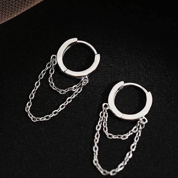 #11 925 Sterling Silver Hoop Double Chain Earrings - Picture 2 of 5